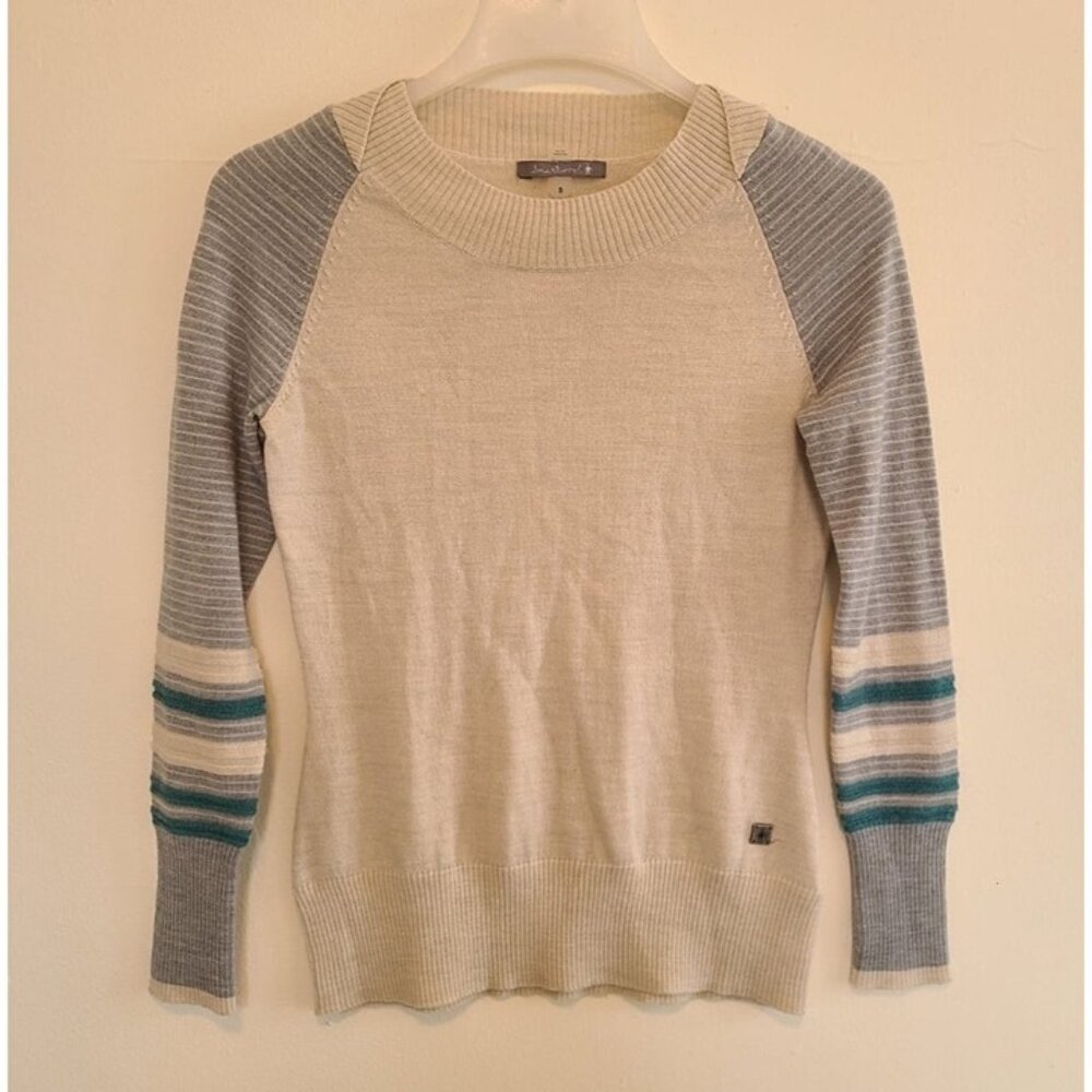 Smartwool Cream and Light Gray Crewneck Sweater with Teal Stripe Accents